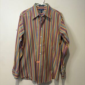 Paul Fredrick Trim Fit 100% Cotton Multi Stripe‎ Performance Dress Shirt Men L